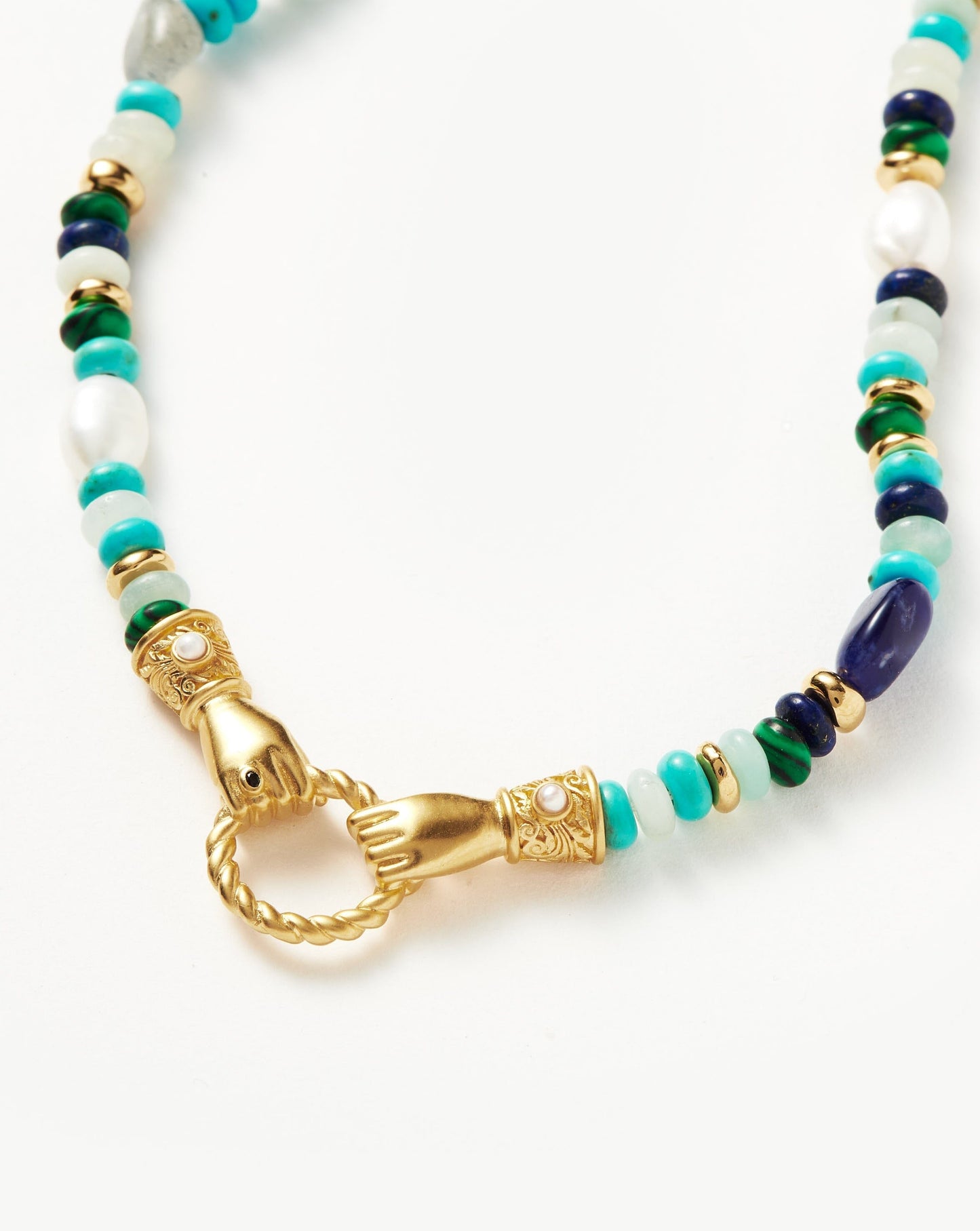 Harris Reed In Good Hands Beaded Gemstone Necklace | 18ct Gold Plated/Turquoise, Lapis & Pearl