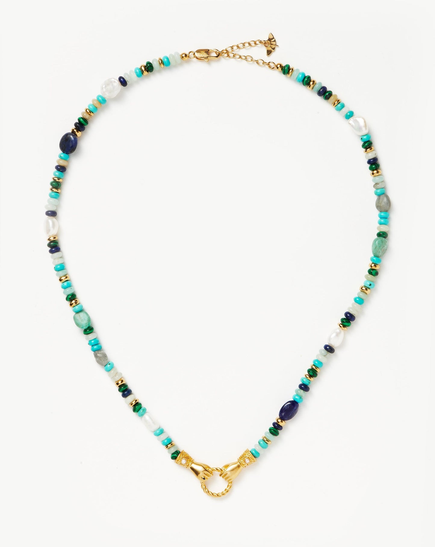 Harris Reed In Good Hands Beaded Gemstone Necklace | 18ct Gold Plated/Turquoise, Lapis & Pearl